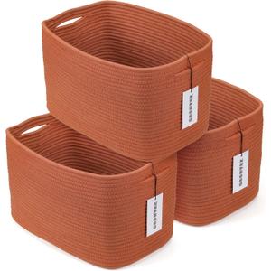 Cotton Rope storage Basket Bins Woven Basket for Organizing Shelves Rectangle Decorative Baskets For storage Clothes Toys Books Towels Square Wicker Nursery basket organizer 3 pack Rust
