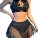 Lilosy Sexy Fishnet Stocking Chocker Strappy Underwire O Ring Skirt Women Lingerie Set 5 Piece (Medium, Black)