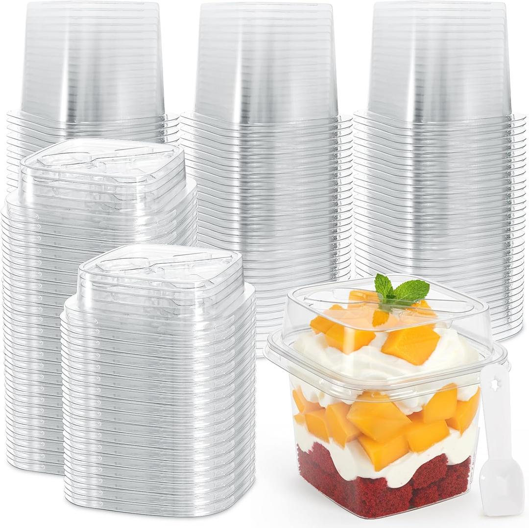 Dicunoy 50 Pack Plastic Dessert Cups with Lids and Spoons, 12 Oz Square Clear Cake Containers for Yogurt, Parfait, Pudding, Fruit, Mousse, Strawberry Shortcake, Event and Party