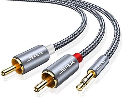 JSAUX 10ft/3M Aux to RCA Headphone Male to Male Jack Adapter Nylon Braided 1/8 to RCA Audio Y Cord for Smartphones, MP3, Tablets, Speakers, HDTV - Grey