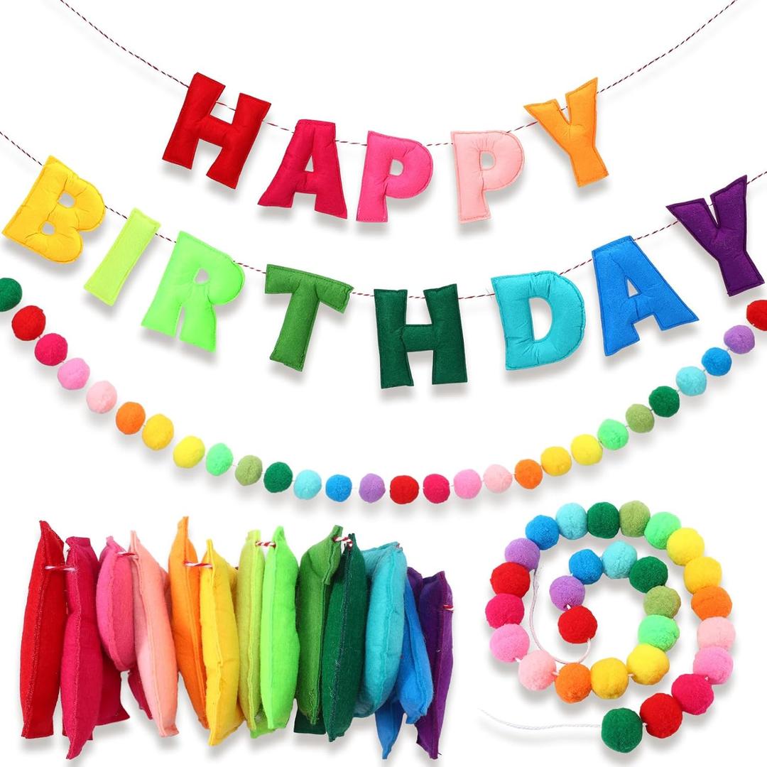 2 Pcs 118 Inch Pre Strung Happy Birthday Felt Banner with Ball Garland Reusable Natural Handmade Letters & Balls for Birthday Sign Decorations Party Decor Photo Prop(Rainbow Color)