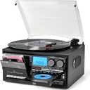 Record Player Built-in Speakers 10 in 1 Turntable with CD Cassette Tape AM FM Radio Function 3 Speed BT Input Output LP Player Support USB SD AUX RCA Playback Remote Control Auto Stop Retro Wood Black