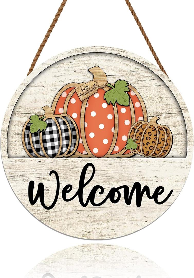 Fall Welcome Door Sign Thanksgiving Day Pumpkin Wreath Autumn Seasonal Harvest Halloween Indoor Outdoor Entrance Door Hanger Greeting Party Decorations 12 X 12 Inches