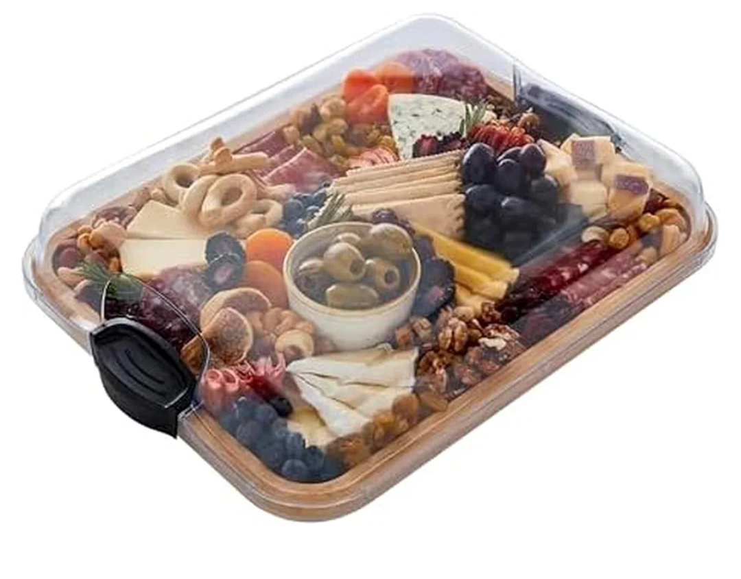 Farberware Build-A-Board Bamboo Cutting Board with Single Storage Compartment, Clear Locking Lid, Black Handles, Perfect for Charcuterie & Snacks