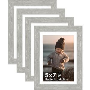 KINLINK 5x7 Picture Frame Light Grey Set of 4, Wooden Photo Frames Matted 4x6 with Plexiglass for 4x6 with Mat or 5x7 without Mat for Table and Wall Display