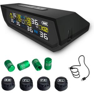 Tire Pressure Monitoring System TPMS, Solar Charge Tire Pressure Monitor with 4 External Sensors & 6 Alarm Modes, 0-99 PSI, Real-time Wireless TPMS for Car Sedan SUV Pickup - with 4 Tire Valve Caps