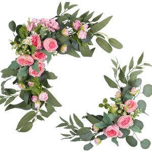 H&W 2pcs Artificial Wedding Arch Flowers for Wedding Sign, Floral Swag Dusty Decor for Reception Ceremony Backdrop Sweetheart Table(Willow Leaves-Peony-Pink)