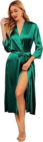 Ekouaer Silk Robes for Women Long Satin Bride Bridesmaid Wedding Party Robes Lightweight Sexy Sleepwear with Pockets S-M