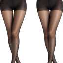 PIOGOWE 2Pack Sheer Tights for Women, 20D Legs, 40D Reinforced Top, Run-Resistant Knit, High-Stretch Waist, Reinforced Toes (Small, Black2 (Classic))