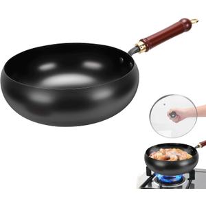Gugxiom Suntuup Japanese Iron Pan, 28cm Cast Iron Wok, with Spatula, 2 Covers to Choose From, for Pots On Electric Stoves/Induction Cookers/Gas Stoves (Glass lid)