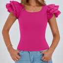 PRETTYGARDEN Women's Ruffle Short Sleeve Shirts 2025 Summer Casual Basic Tee Cute Fitted Crew Neck Fashion Tops Clothes (Red, S)