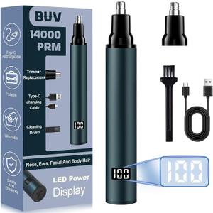 Nose Hair Trimmer with LED Display- 2025 Professional Painless Ear Hair Trimmers for Men and Women, USB Rechargeable Nose Hair Trimmer Clipper  14,000 RPM IPX7 Waterproof Dual Edge Blades, Blue B
