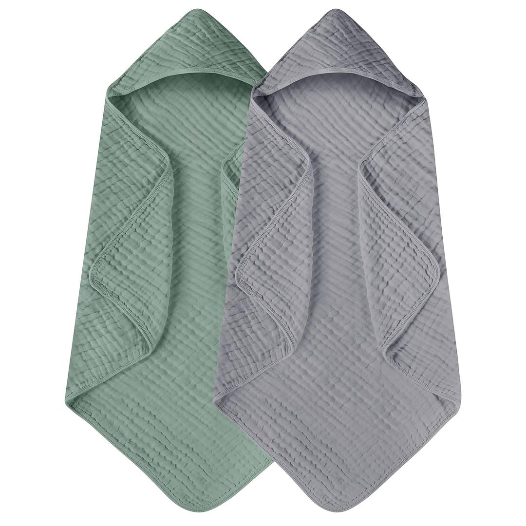 Yoofoss Hooded Baby Towels for Newborn 2 Pack 100% Muslin Organic Cotton Baby Bath Towel with Hood for Babies, Infant, Toddler and Kids, Large 32x32Inch, Soft and Absorbent Newborn Essential (Grey and Dark Green)