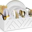 Paper Plate Dispenser and Holder for Kitchen Counter, Wood Rustic Silverware Utensil Caddy, Cutlery Flatware Organizer Box for Cups Spoons Forks Napkins, Kitchen Accessories (White)