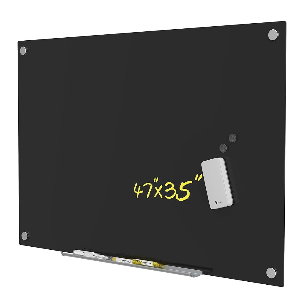TOWON Glass Whiteboard Wall, Black Magnetic White Board Dry Erase 35 x 47 in, Big Glass Dry Erase Board with Multi-Color Markers, Strong Magnets, Pen Tray and Eraser, Frameless