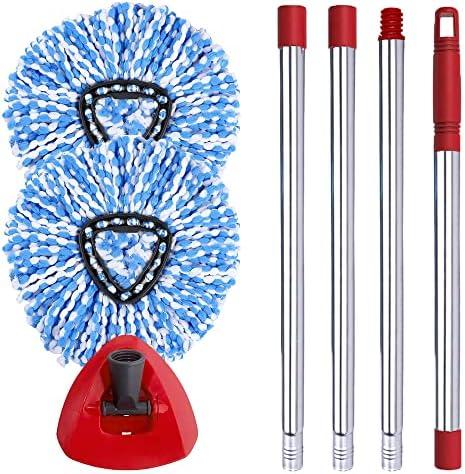 ANREKEYH Spin Mop Head, Base, Handle Replacement for O-ceda EasyWring RinseClean Microfiber Spin Mops, 2 Microfiber Mop Refills, 1 Triangle Head Cover and 30-58in Handle (Blue (2-Tank System))