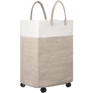 LemonRoad Woven Laundry Basket with Wheels 65L Cotton Rope Laundry Woven Hamper Nursery Storage Basket for Toys Large Dirty Clothes Blankets Bedroom Rice Brown