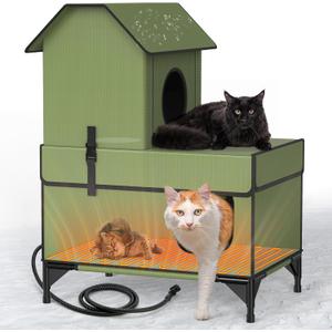 Lesotc Heated Cat House for Outside Cats in Winter, Extremely Waterproof, Fully Insulated Outdoor Cat Shelter with Cat Heating Pad, Heated Cat Bed Warm Pet House for Multi Feral Stray Barn Cat