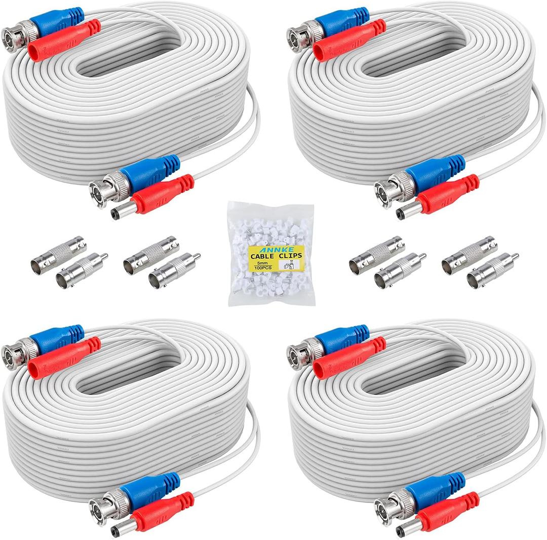 ANNKE 30M/100ft BNC Cable, Video Power Extension Surveillance Camera Cables for CCTV Security DVR System Installation, Free 8X BNC Connectors and 100pcs Cable Clips Included, 4 Pack, White