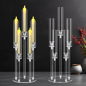 2 Sets 5 Arms Acrylic Candelabra Centerpieces for Tables,Clear Candle Holder for Halloween Christmas Wedding Party Decor,27" Tall Candlestick Holders with Lampshade, Fits LED Candle