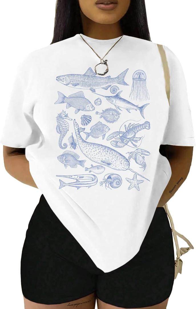 Hilinker Women's Oversized T Shirt Graphic Tees Short Sleeve Shirts Summer Casual Loose Tops M