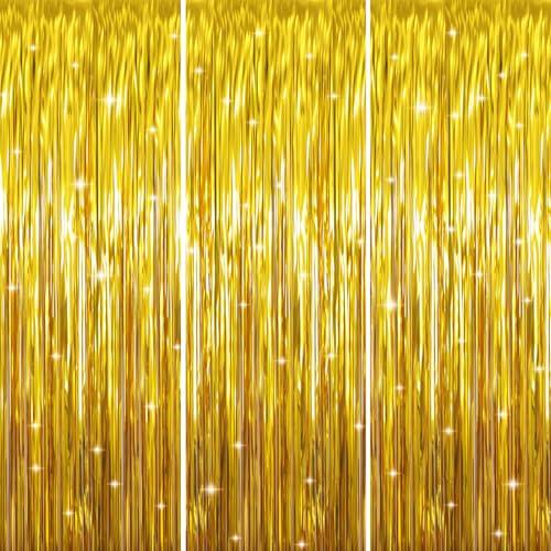 GOER 3.2 ft x 9.8 ft Metallic Tinsel Foil Fringe Curtains Party Photo Backdrop Party Streamers for Birthday,Graduation,New Year Eve Decorations Wedding Decor (Gold,3 pcs)