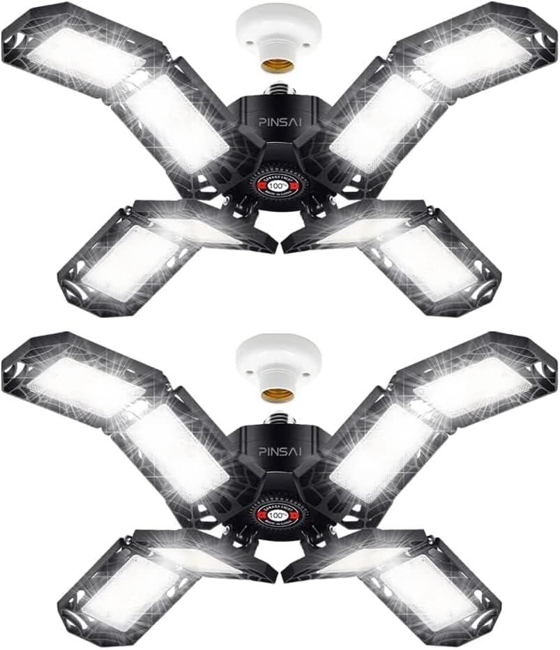 2 Pack LED Garage Light, Super Bright Screw in E26/E27 Ceiling Shop Work Lamp, 200W 20000 Lumen Deformable Basement Bulb Fixture with 8 Adjustable Panels