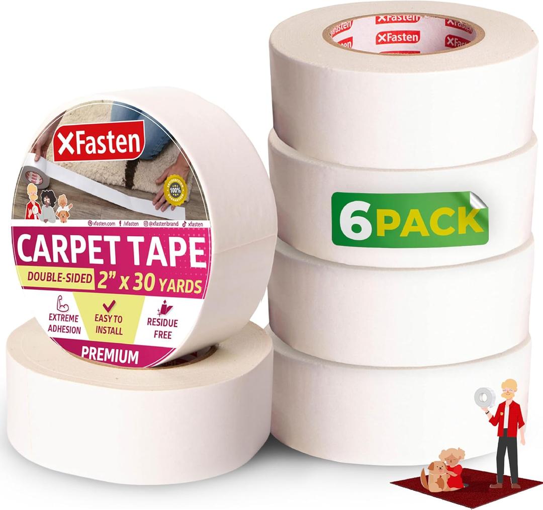 XFasten Double Sided Carpet Tape for Area Rugs, 2 Inch x 30 Yards (6-Pack)  Heavy Duty Anti Slip Rug Grip Tape, Works as Rug Gripper, Wood Safe, Easy Removal for Hardwood and Laminated Floors