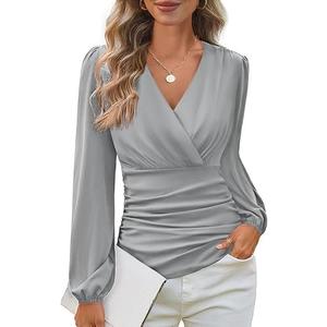GRACE KARIN Long Sleeve Blouses for Women Dressy Casual, Elegant Wrap Tops V Neck Work Shirts, 2025 Fall Business Outfits M