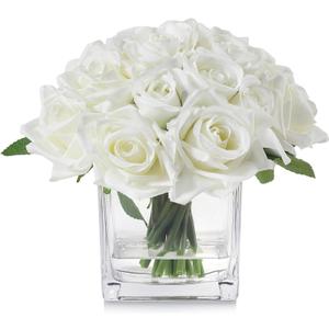 18 Heads Faux Rose Flowers in Vase, Fake Rose Flowers Arrangement in Vase with Fake Water for Dining Table, Wedding Decor (Cream)
