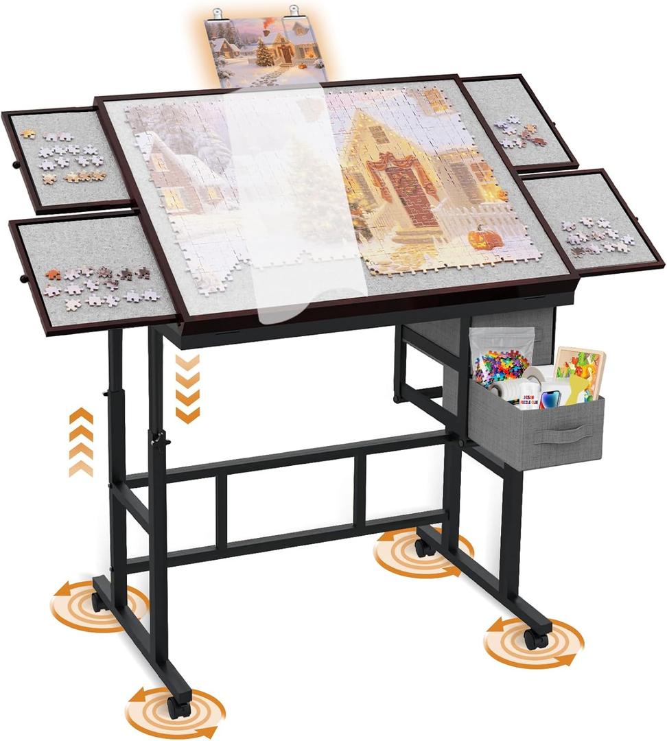 Jigsaw Puzzle Table with Drawers  6,1500pcs Adjustable Height and Five up Angles Puzzle Tables for Adults with Drawers,Cover,Wheels for Indoor Game in Winter (Coffee)