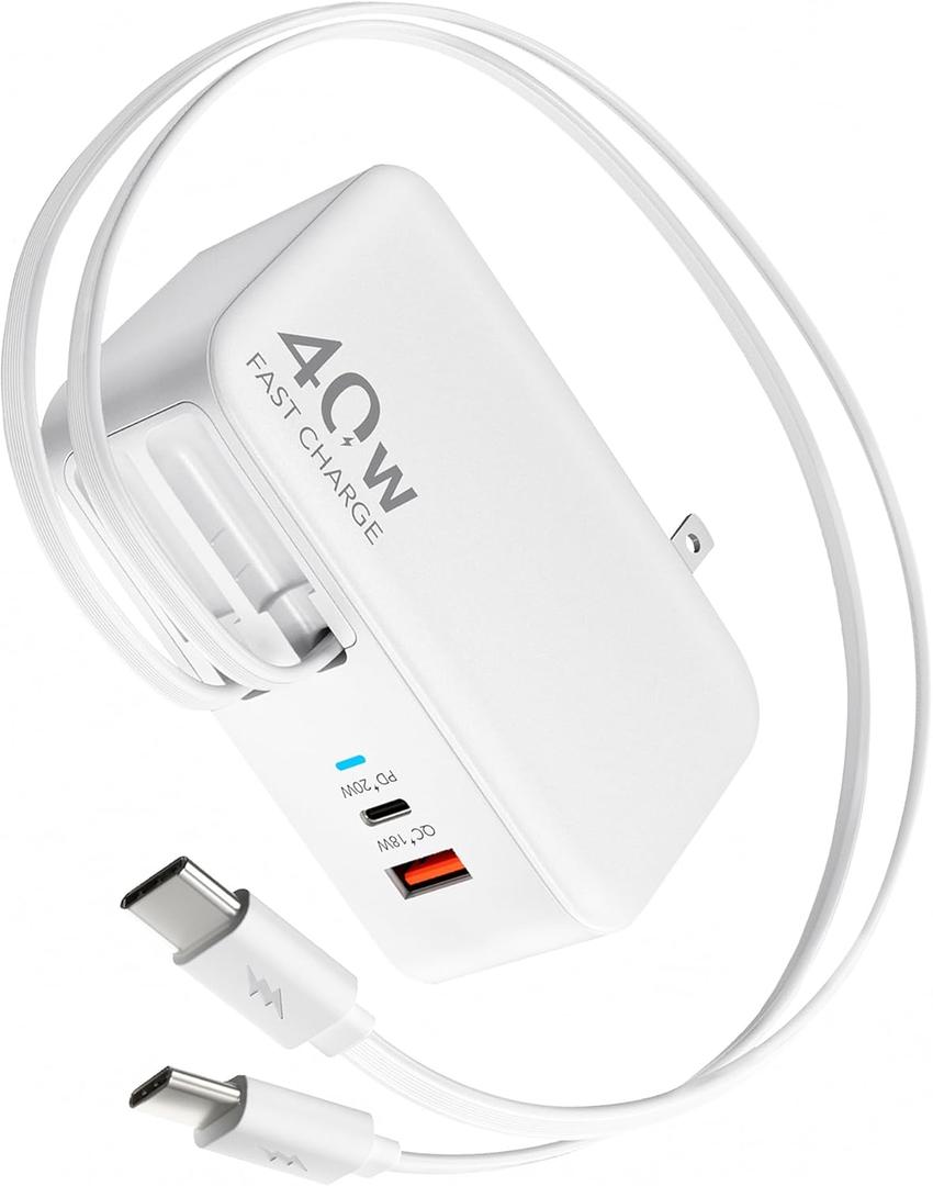 Retractable USB C Charger Wall Plug with 35.5in/90cm Type C Cables Cords,40W Fast Charging Foldable Block Multi Charger for All Devices for iPhone 17/16/15/14/13/12,iPad,Galaxy,Pixel (White)