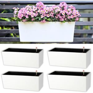 LaLaGreen Railing Planter Box (20 Inch, 4 Pack) White Rectangular Window Flower Boxes with Bracket, Self Watering System Hanging Planter Box for Outdoor Plant Pots Container Deck Rail Fence Balcony (20" (50cm) x 4 Pack)