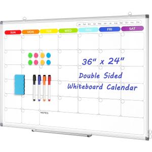 Colorful Dry Erase Calendar Whiteboard for Wall 36x24 Double-Sided Magnetic | Monthly Calendar, 7 Color Design, Wall Mount Hanging, Aluminum Frame, Smooth Dry Erase, Home School Office, Complete Kit