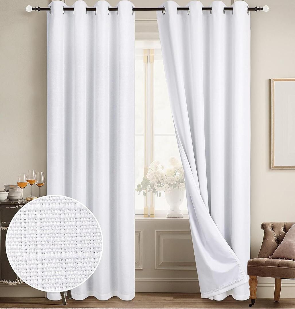 Diraysid 100% Blackout Curtains White Linen Curtains for Bedroom Grommet Thermal Insulated Room Darkening Drapes (2 Panels, W52 x L95 Inch)
