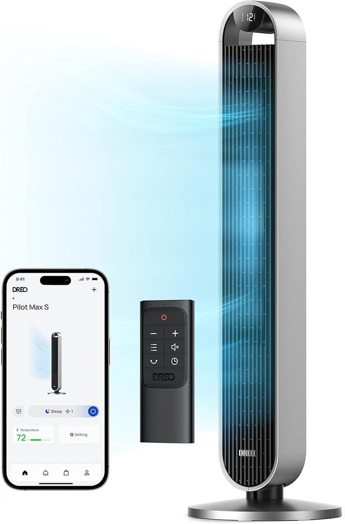 Dreo Tower Fan for Bedroom, 42 Inch 120 Oscillating Fan, 25dB Quiet DC Motor, 28ft/s Velocity Bladeless Standing Fan with 12 Speeds, 4 Modes, 12H Timer Cooling Fans for Home, Living Room, Pilot Max S