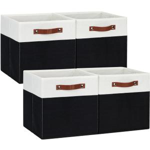 DULLEMELO Fabric Storage Bins for Shelves, Cube Storage Organizer Bins with PU Handles, Set of 4 Decorative Collapsible Storage Bins for Cube Storage,White&Black (12"-4 pack)