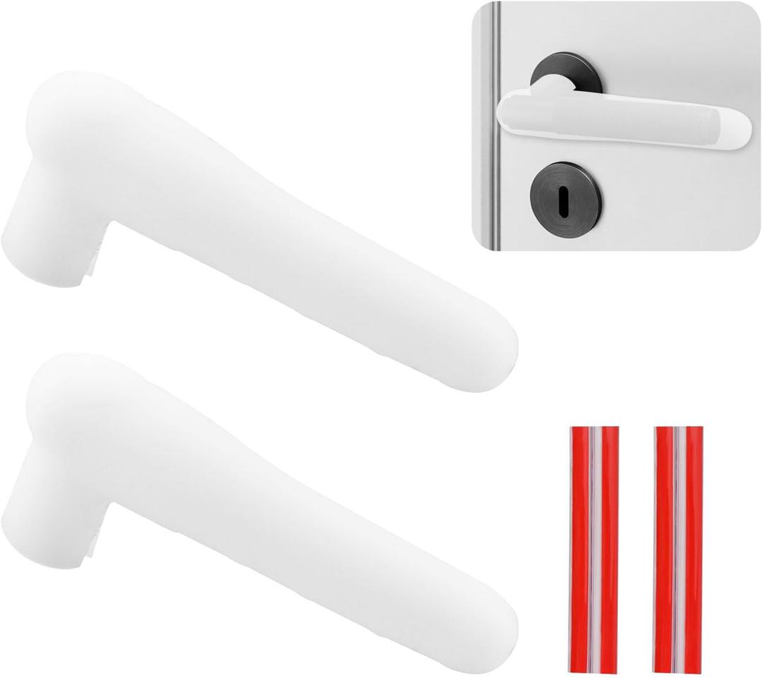 Door Handle Covers, 2Pcs Transparent White Silicone Door Knob Glove Covers Anti-Slip Door Lever Protectors with Anti-Collision Adhesive Strip for Flat Square Door Levers