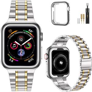 MioHHR Solid Stainless Steel Band Compatible with Apple Watch 38mm 40mm, Metal Strap with Soft TPU Case for iWatch Series 6 5 4 3 2 1 SE Women and Men (Silver/Gold, 38/40 mm)