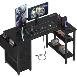 Lufeiya L Shaped Gaming Desk with Power Outlet, 47 Inch Reversible Corner Computer Desk with Drawers & Storage Shelves for Home Office Bedroom, L-Shaped Teen PC Desks with Fabric Drawer, Black