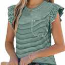 JUSTFASHIONNOW Womens Summer Tops Striped T-Shirts 2025 Ruffle Short Sleeve Crew Neck Casual Blouses with Pocket (X-Large, Green)