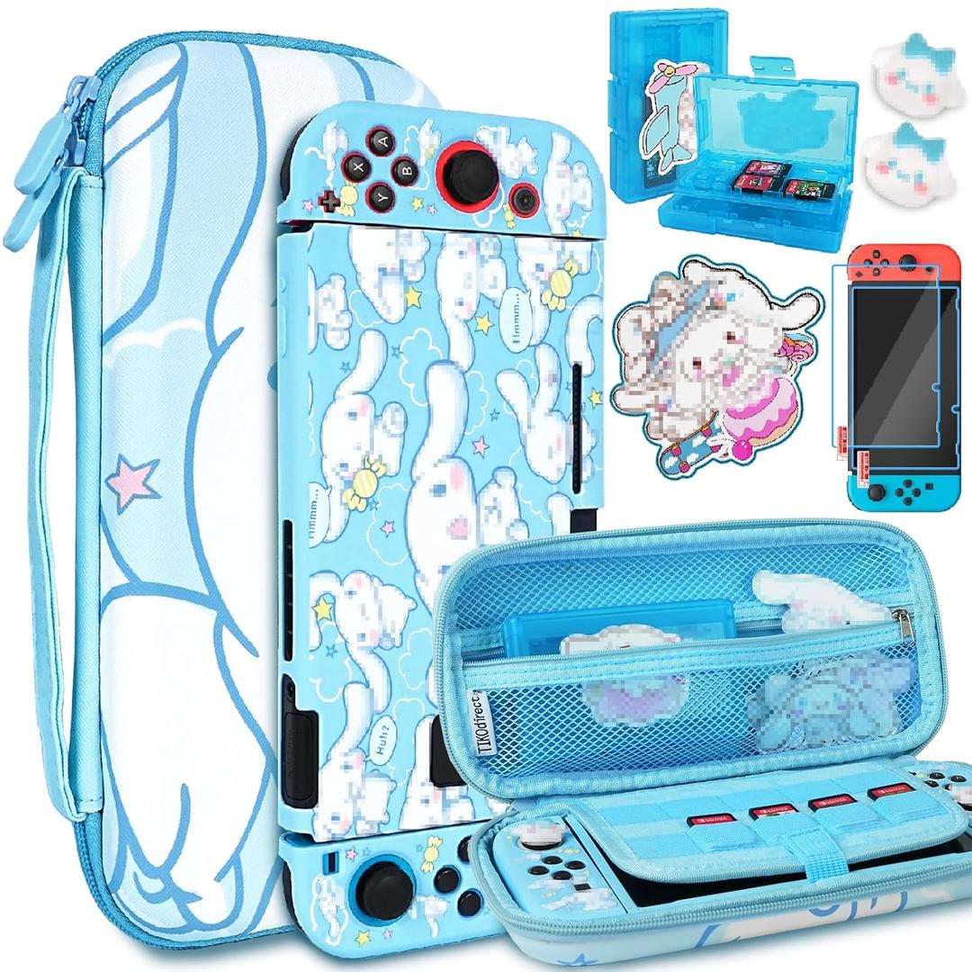 TIKOdirect Carrying Case for Switch, Cute Portable Travel Bag Accessories with Soft Protective Cover, Screen Protectors and Thumb Grip caps, Game Card Case 7in1, Blue