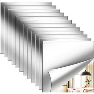 12 Pack Flexible Mirror Sheets 12x12 Inch Self Adhesive Non-Glass Mirror Tiles, Cuttable Shatterproof Acrylic Stickers, Safe Reflective Film for DIY Home Wall Decor Kitchen Bedroom