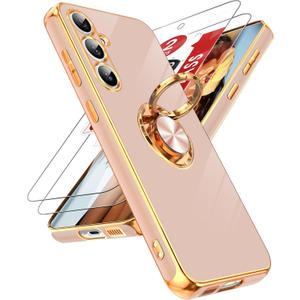 LeYi for Galaxy S23 FE 5G Case: with Tempered Glass Screen Protector [2 Pack] 360 Rotatable Ring Holder Magnetic Kickstand, Plating Rose Gold Edge for Galaxy S23 FE 5G Case, Pink