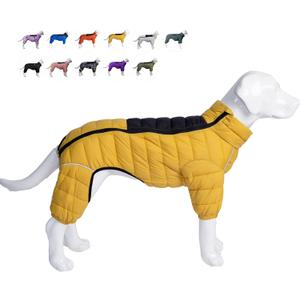 Warm Dog Coat, 4 Legs Covered Waterproof Windproof Reflective Jacket, Zippered Adjustable Outdoor Snow Vest for Small Medium Large Dogs Yellow XXXXL