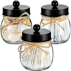 SheeChung 3 Pack Qtip Holder, Cotton Swab Holders, Apothecary Jars with Lids, Bathroom Jars, Black Bathroom Accessories for Cotton Round Pads, Balls, Floss Pick - Black