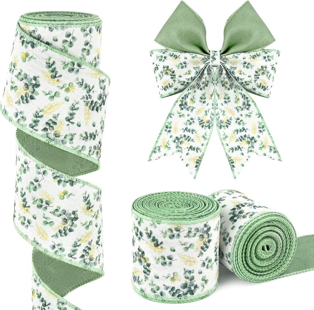 10 Yards Eucalyptus Wired Edge Ribbon 2.5 Inch Watercolor Eucalyptus Leaves Fabric Ribbon for Gift Wrapping Bow Wreath Making Crafts (Eucalyptus Leaves)