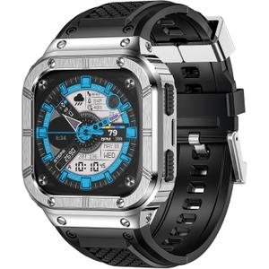 MioHHR Stainless Steel Case and Band Compatible with Fitbit Versa 4/3/2/Lite/Sense/Sense 2 Bands with Metal Case, Rugged Sports Protector Cover Silicone Wristbands for Men, Silver
