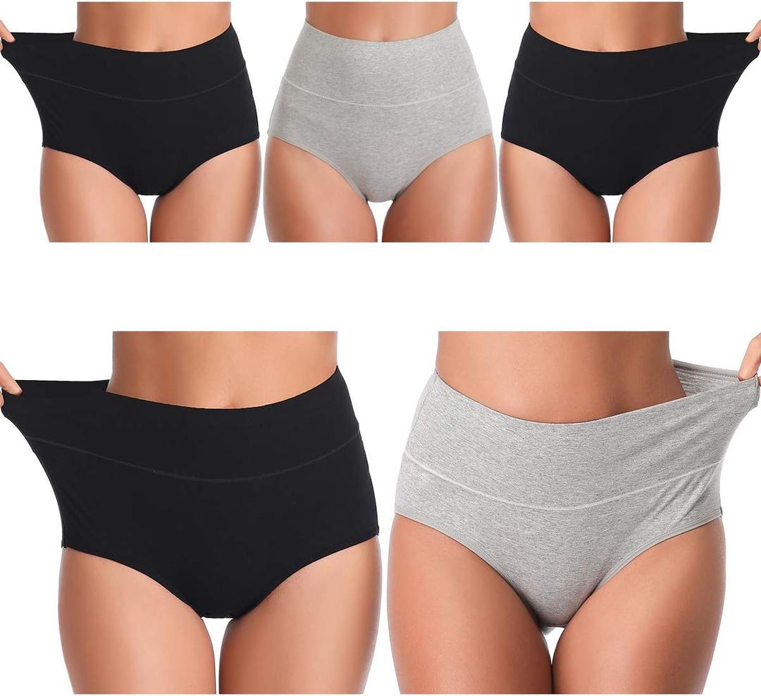 UMMISS Womens Underwear,Cotton High Waist Underwear for Women Full Coverage Soft Comfortable Briefs Panty Multipack (Large, Black-grey-total 5 Pack)