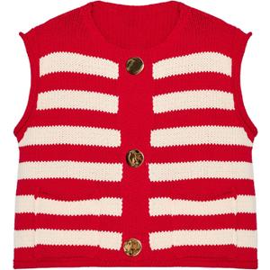 Locachy Women's Gold Button Down Striped Sweater Vests Crew Neck Sleeveless Knit Crop Tank Tops Red XL 